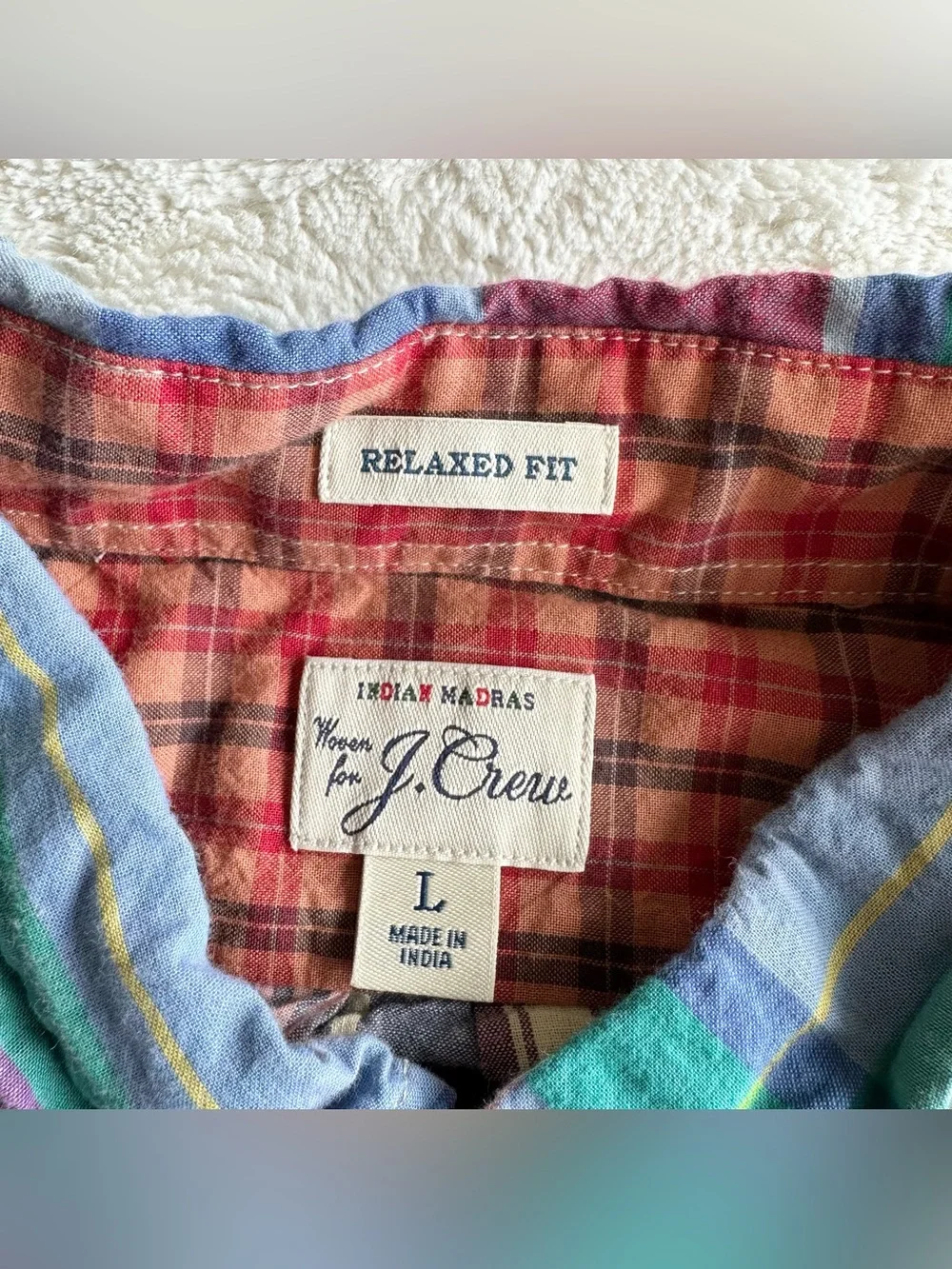 J Crew Patchwork Shirt Mens Large Multicolor Indian Madras Plaid Preppy Collared